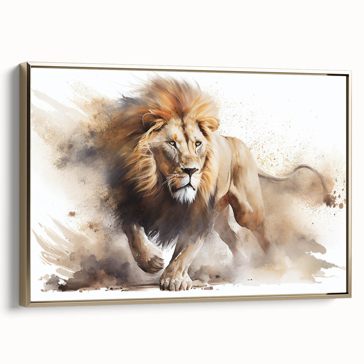 Framed canvas wall art featuring a majestic lion design in gold tones, showcasing its side profile against a textured background, ideal for animal lovers and home decor enthusiasts.