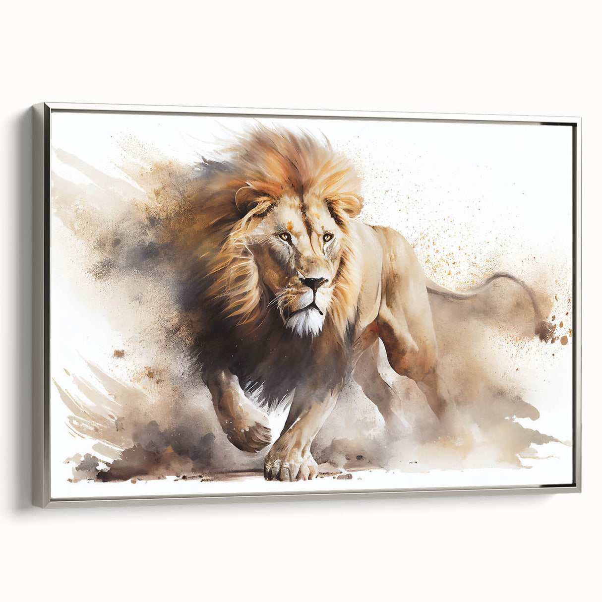 Framed wall art featuring a stunning side view of a majestic lion, designed with intricate detailing and a silver frame, perfect for enhancing any home décor.