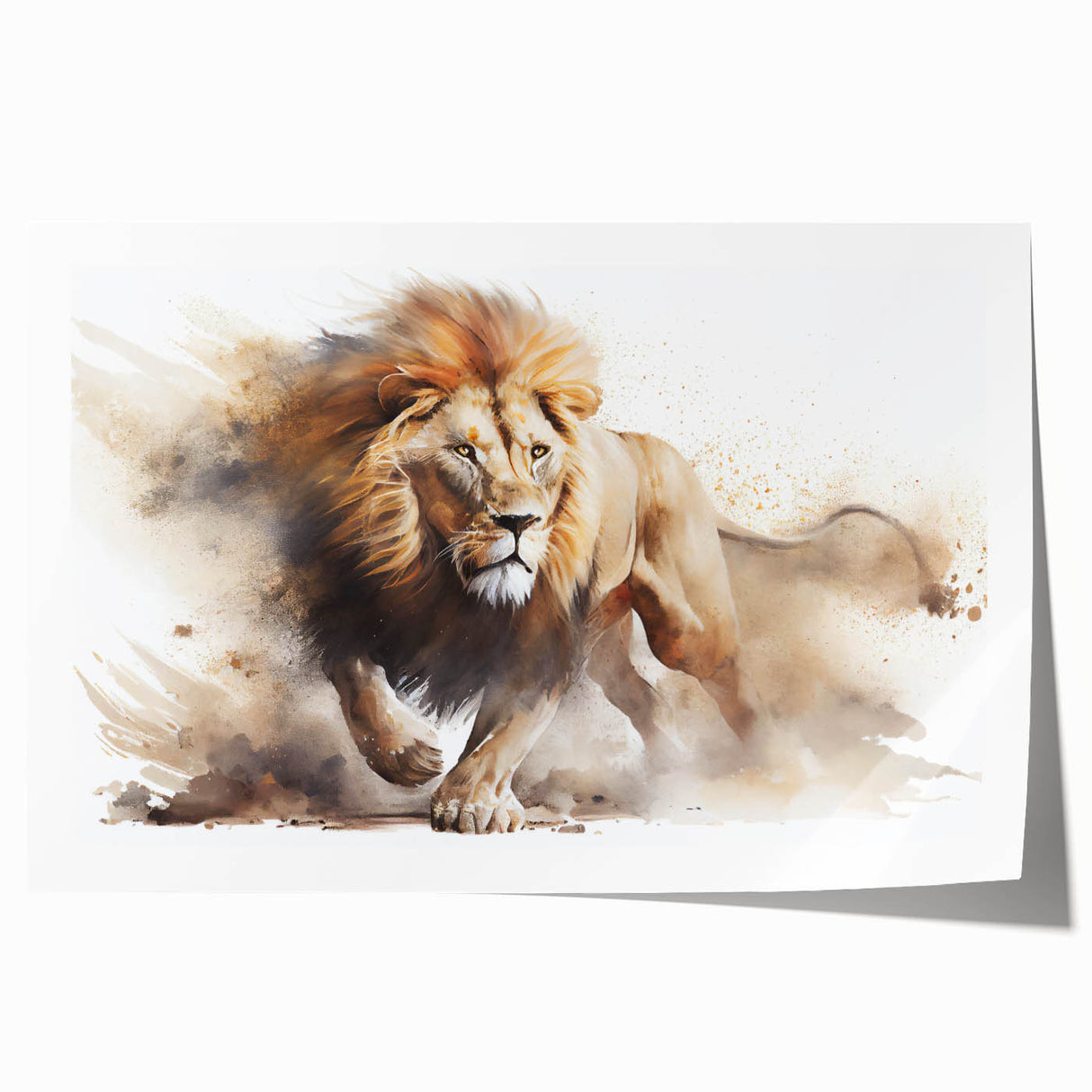Vibrant lion wall art print showcasing a majestic lion in a wild landscape, perfect for home decor or animal-themed interiors, rolled for easy framing.
