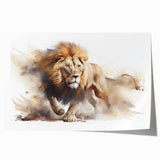 Vibrant lion wall art print showcasing a majestic lion in a wild landscape, perfect for home decor or animal-themed interiors, rolled for easy framing.