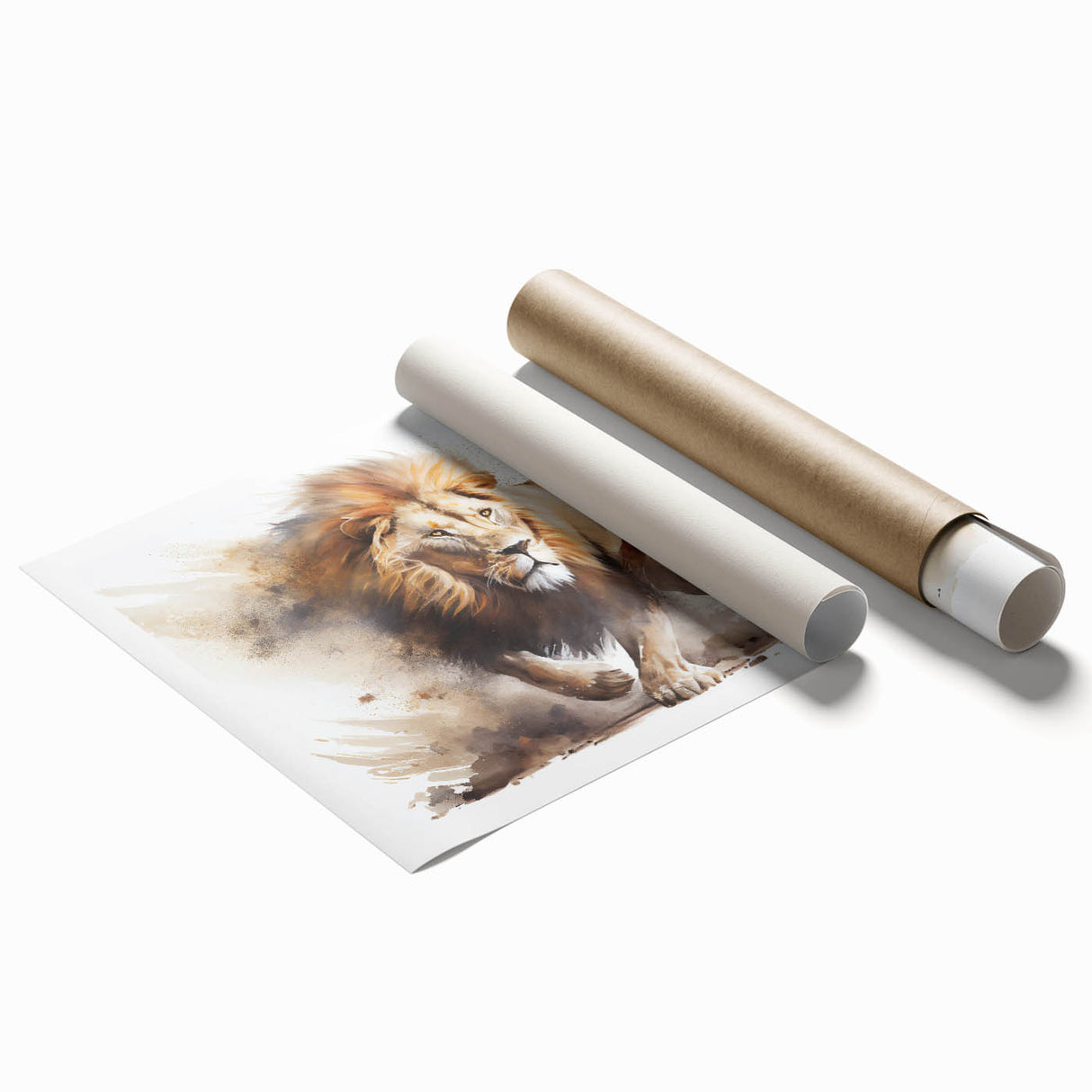 Vibrant rolled canvas print depicting a majestic lion design, showcasing intricate details and rich colors, ideal for wildlife enthusiasts and home decor.