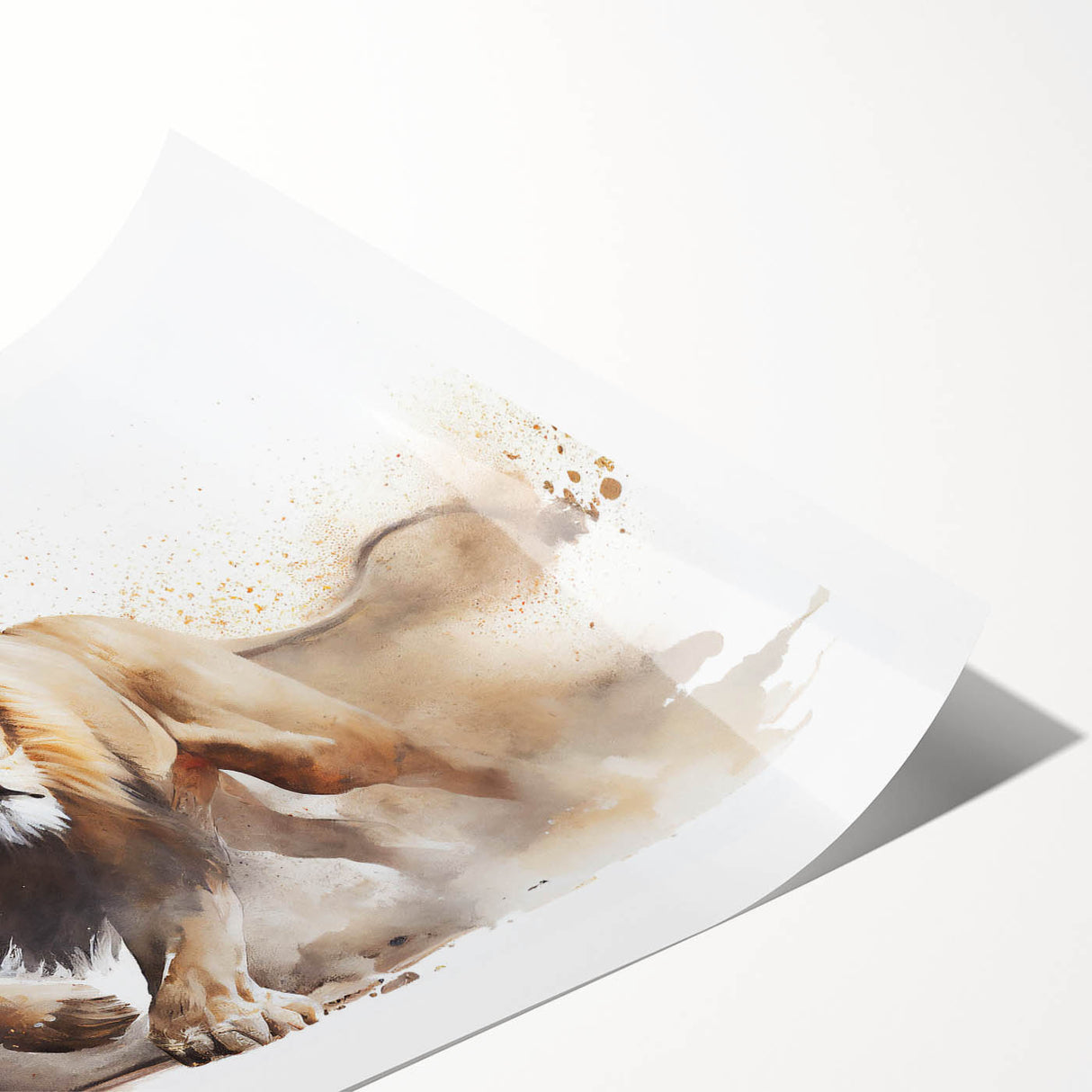 Close-up of a rolled canvas print showcasing a majestic lion design, featuring vibrant colors and intricate details, ideal for wildlife-themed decor.