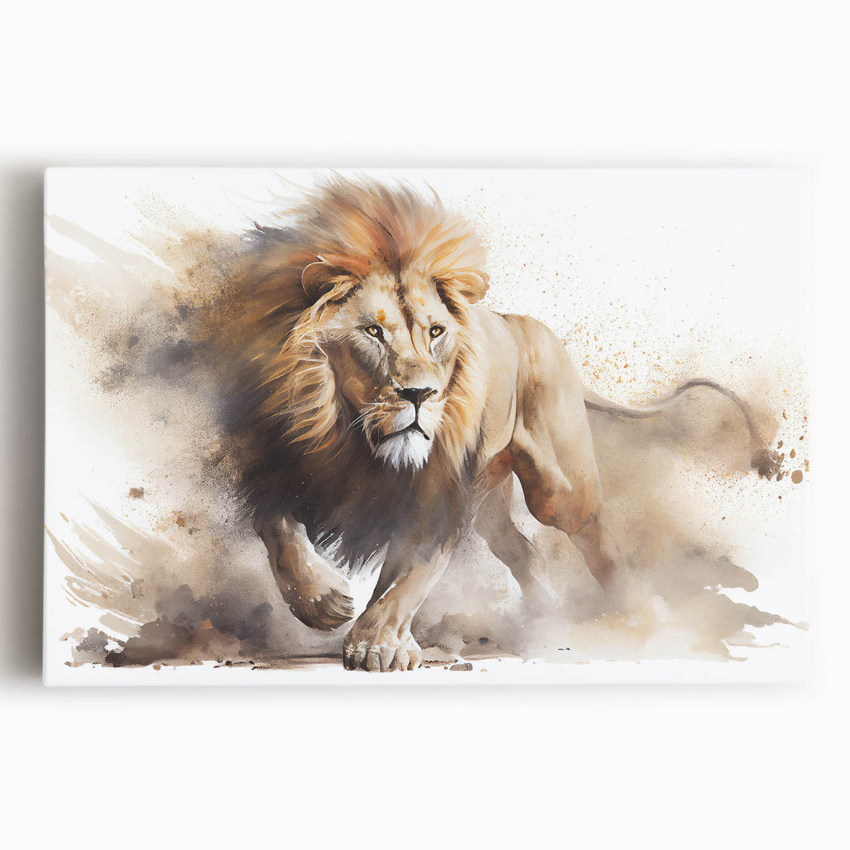 Stretched canvas wall art featuring a majestic lion in a vibrant, detailed design, showcasing its striking mane and captivating gaze, perfect for wildlife enthusiasts.