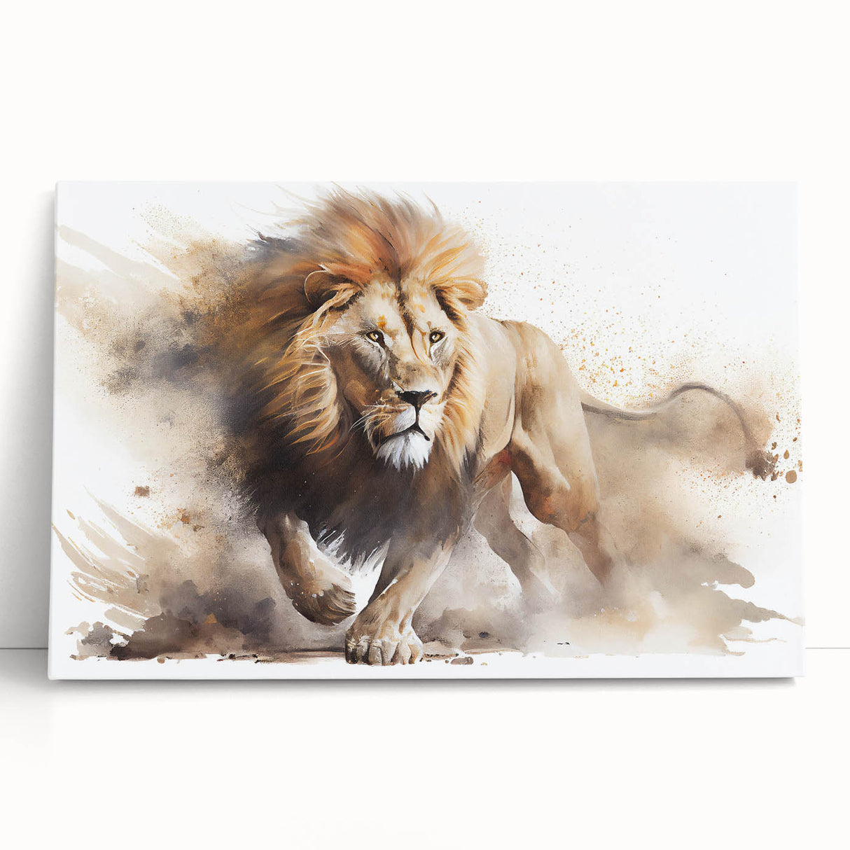 Stretched canvas wall art featuring a majestic lion design, showcasing vibrant colors and intricate details, ideal for animal lovers and wildlife enthusiasts. Perfect for home decor or as a striking focal point in any room.