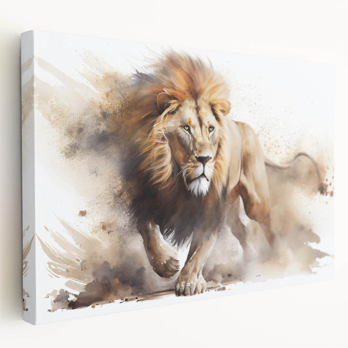 Stretched canvas wall art featuring a majestic lion design in a side view, showcasing rich golden tones and intricate detailing, perfect for wildlife enthusiasts.