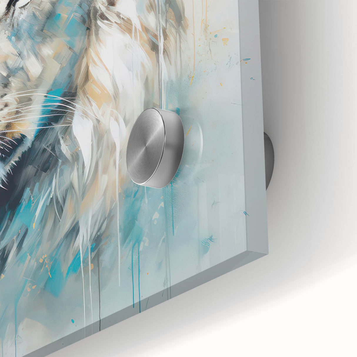 Close-up of a striking lion wall art design on acrylic glass, showcasing vivid colors and intricate details, perfect for wildlife enthusiasts and home decor.