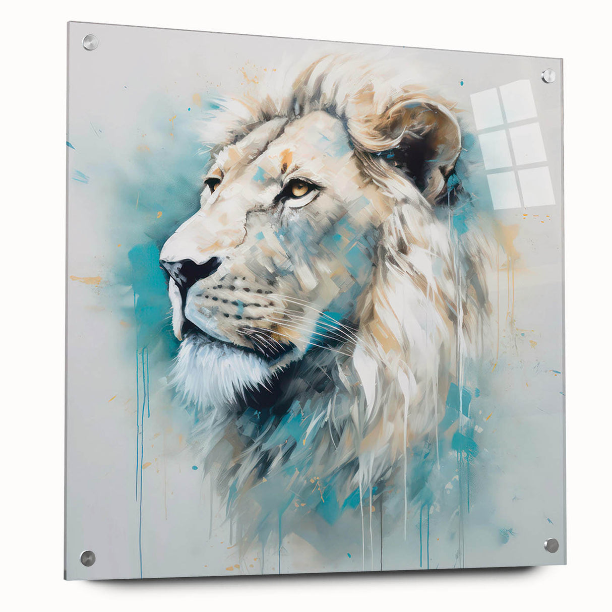 Acrylic glass wall art showcasing a side view of a majestic lion in a wild setting, designed for animal lovers, framed with stylish pins for modern decor.
