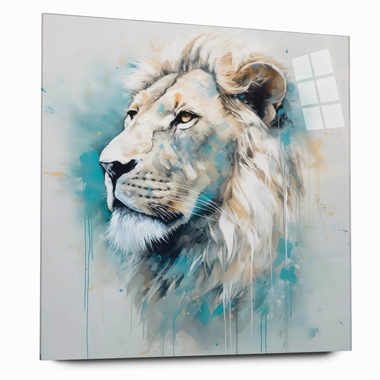 Vibrant acrylic glass wall art displaying a majestic lion design in profile, showcasing intricate details and bold colors, perfect for wildlife enthusiasts and home decor.