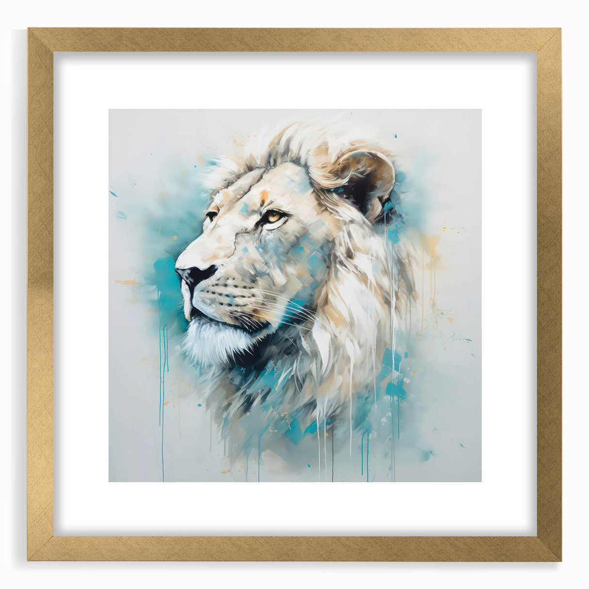 Framed wall art featuring a majestic lion design in gold tones, showcasing intricate detailing and a mat for added elegance, perfect for animal lovers and home decor enthusiasts.