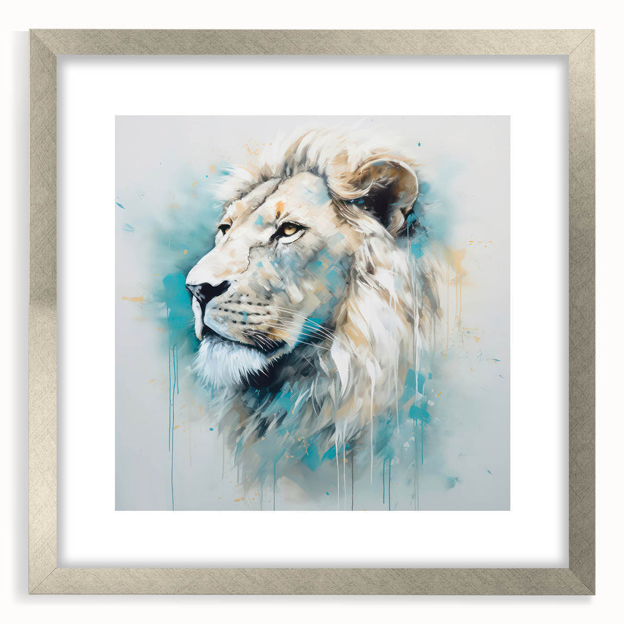 Framed wall art featuring a majestic lion design in silver frame, showcasing intricate details and vibrant colors, perfect for wildlife enthusiasts and home decor.