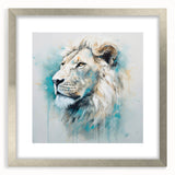Framed wall art featuring a majestic lion design in silver frame, showcasing intricate details and vibrant colors, perfect for wildlife enthusiasts and home decor.