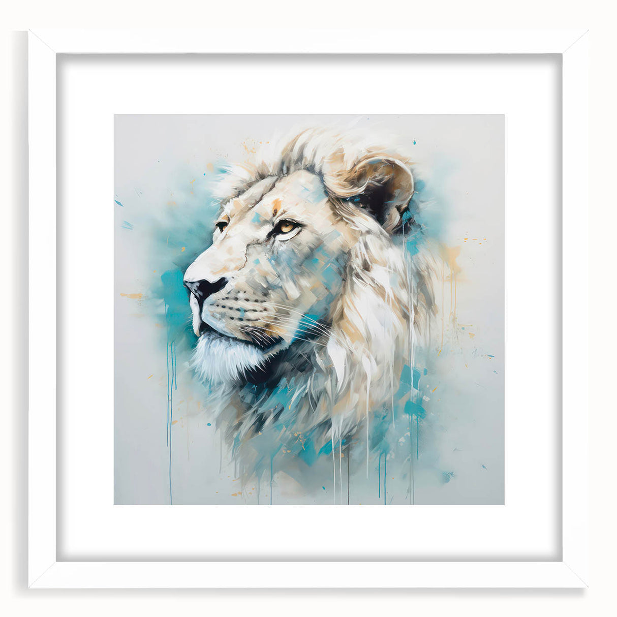 Stylish wall art featuring a majestic lion design framed in white, highlighting vibrant colors and intricate details, perfect for animal lovers' home decor.