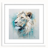 Stylish wall art featuring a majestic lion design framed in white, highlighting vibrant colors and intricate details, perfect for animal lovers' home decor.