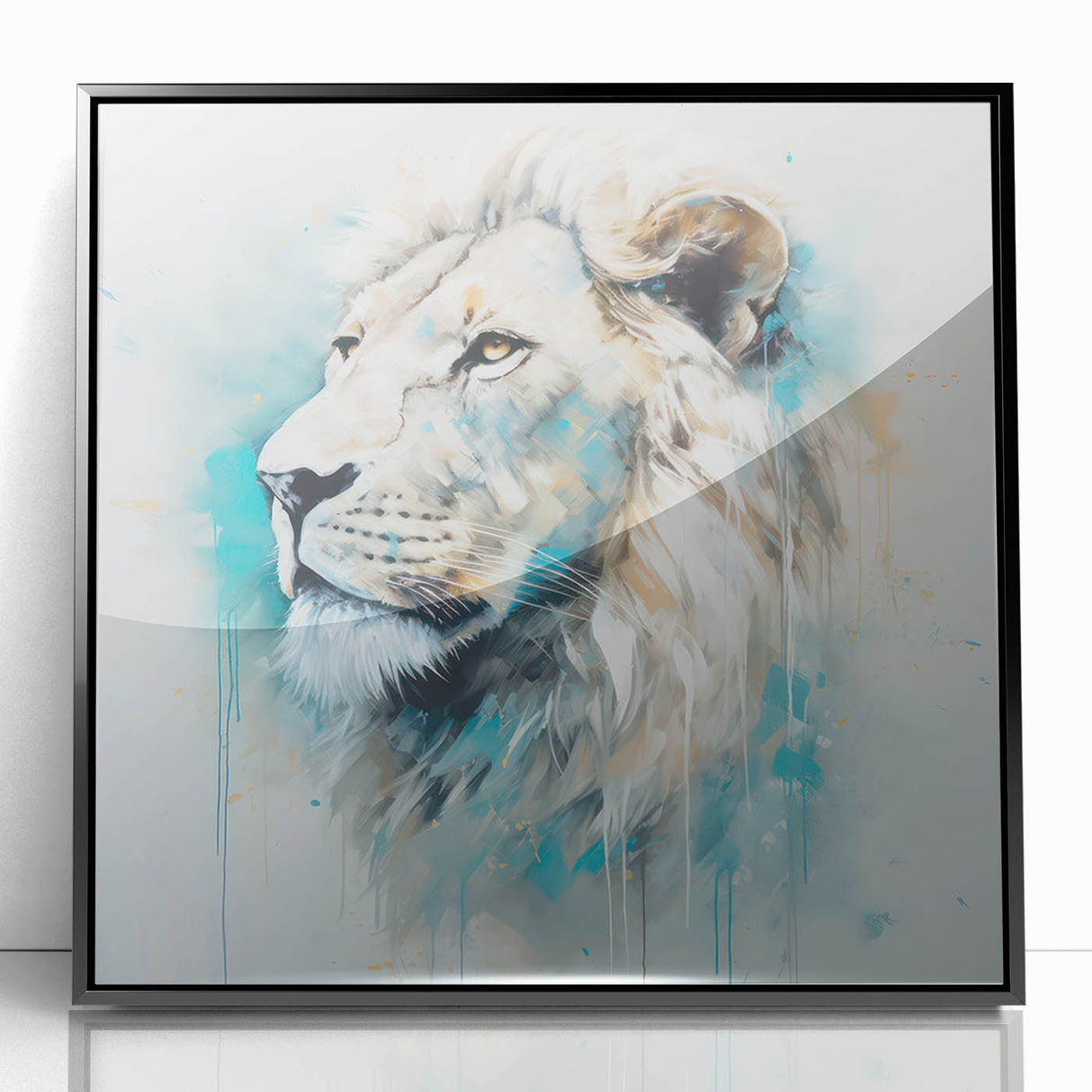 Framed acrylic wall art featuring a striking lion design from the "Animals A Wild Life" collection, showcasing vibrant colors and intricate details against a sleek black frame. Perfect for animal lovers and modern home decor.
