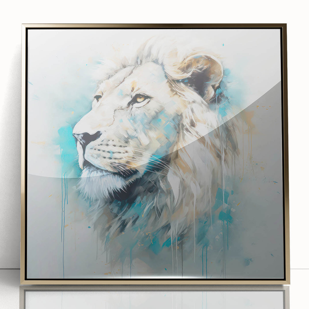 Framed acrylic wall art featuring a majestic lion design, with a gold accent and a sleek front view, ideal for enhancing home decor in a wildlife theme.