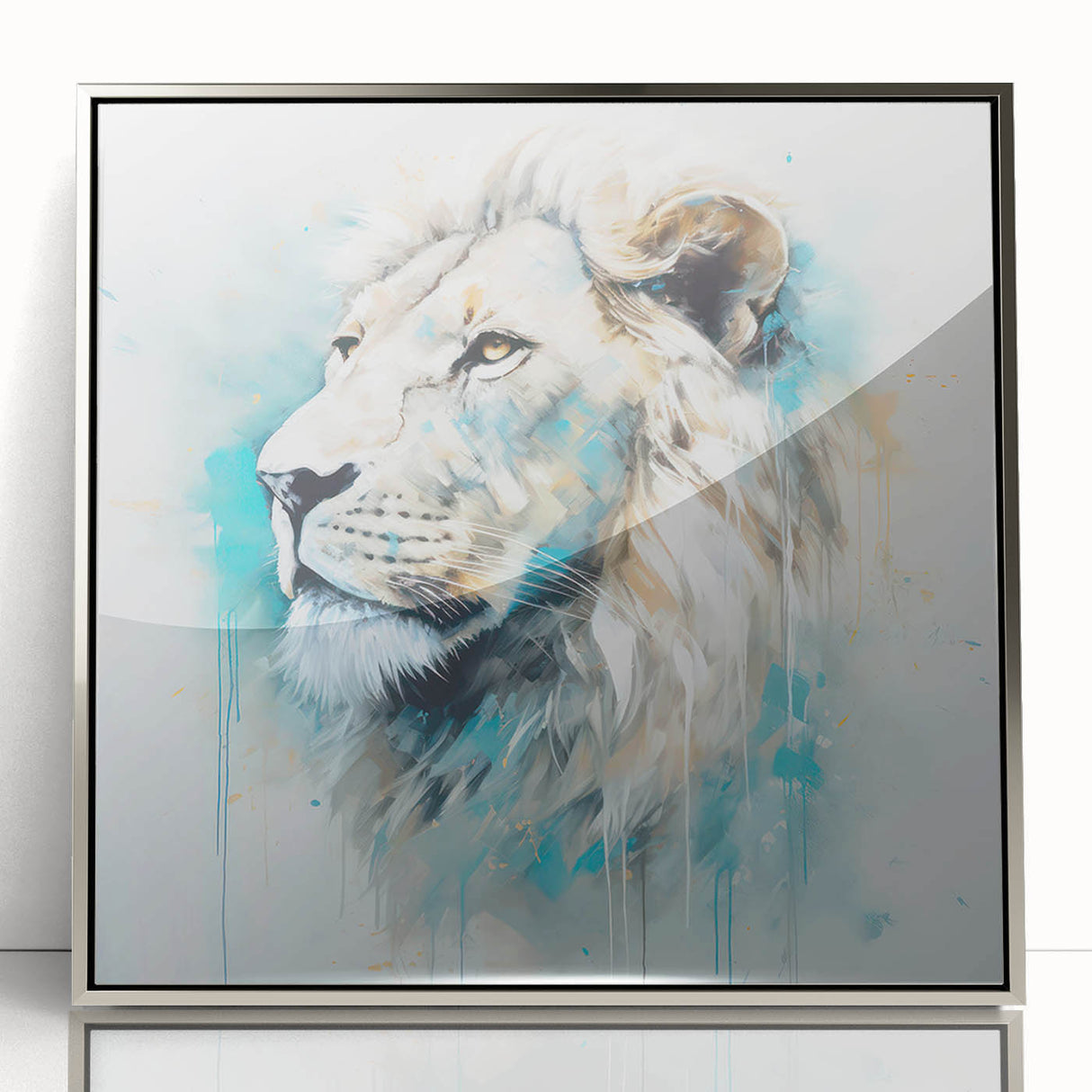 Framed acrylic wall art showcasing a striking lion design with silver accents, perfect for adding a touch of wildlife elegance to home decor.