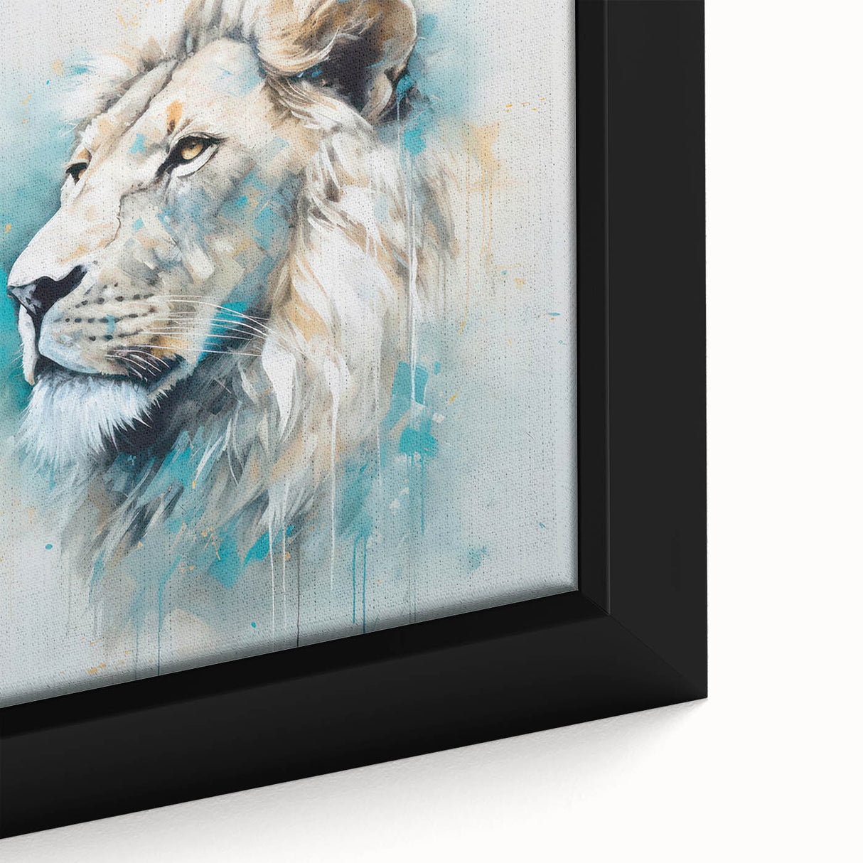 Close-up of a framed canvas wall art featuring a majestic lion's face, showcasing intricate details and vibrant colors that capture the essence of wildlife. Perfect for animal lovers and home decor enthusiasts.