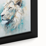 Close-up of a framed canvas wall art featuring a majestic lion's face, showcasing intricate details and vibrant colors that capture the essence of wildlife. Perfect for animal lovers and home decor enthusiasts.