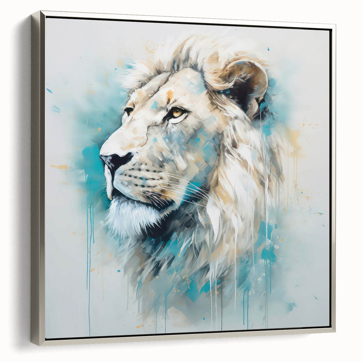 Framed canvas wall art featuring a majestic lion design with a silver frame, showcasing detailed textures and vibrant colors, perfect for wildlife enthusiasts' decor.