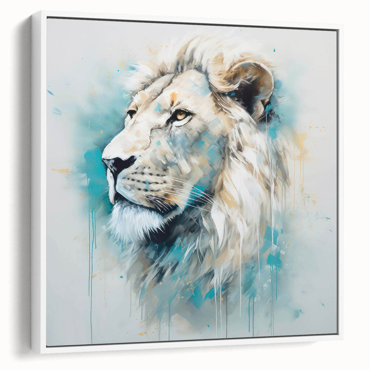 Framed canvas wall art featuring a majestic lion design, showcasing vibrant colors and intricate details, set against a white background for a striking contrast.