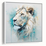 Framed canvas wall art featuring a majestic lion design, showcasing vibrant colors and intricate details, set against a white background for a striking contrast.