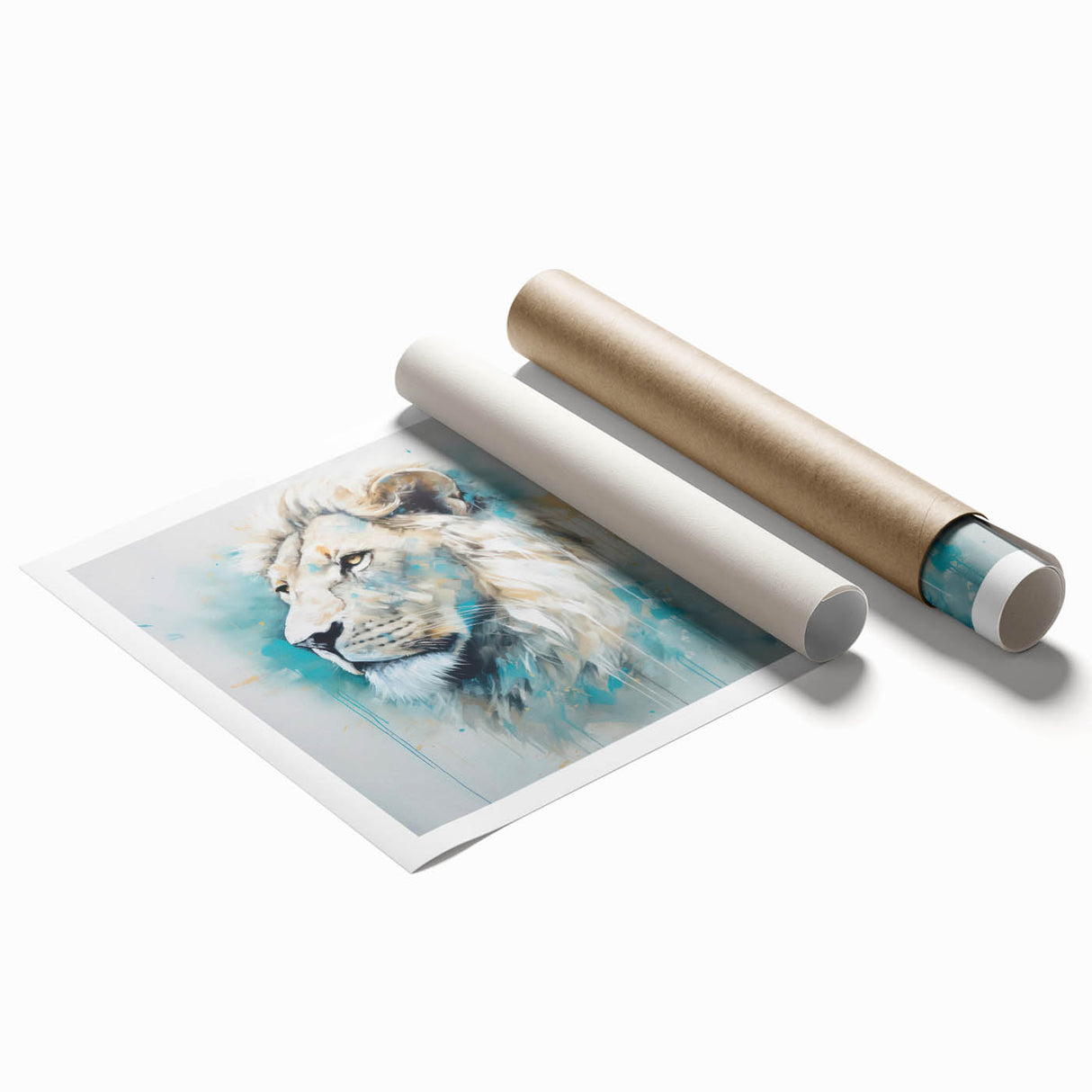 Vibrant lion wall art print showcasing detailed wildlife design, rolled for easy shipping and display, perfect for animal lovers and home decor enthusiasts.