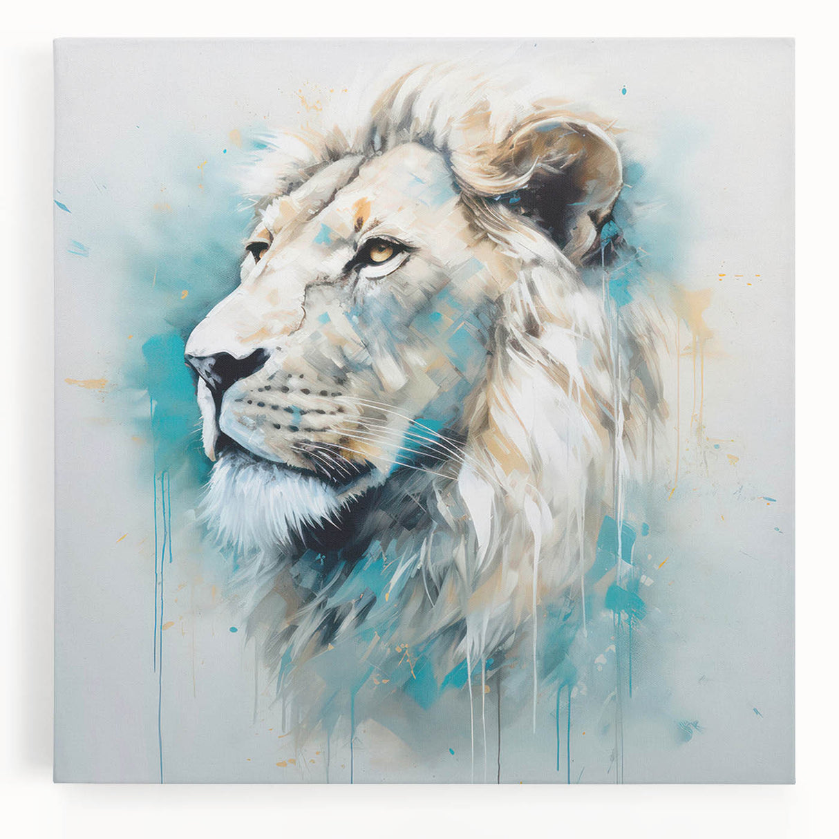 Stretched canvas wall art featuring a majestic lion design in vibrant colors, showcasing detailed fur textures and fierce expression, perfect for wildlife enthusiasts.