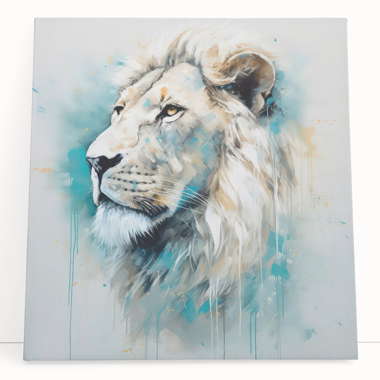 Vibrant lion wall art design on stretched canvas, showcasing rich colors and intricate details, perfect for wildlife enthusiasts and home decor.