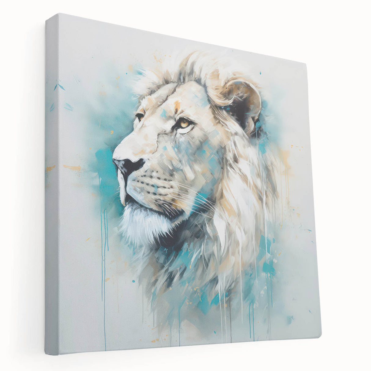Stretched canvas wall art showcasing a majestic lion design in rich, warm colors, ideal for wildlife enthusiasts and modern decor. Perfect for enhancing living spaces.
