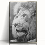 Framed acrylic wall art featuring a striking lion design in silver tones, showcasing intricate details and textures, perfect for wildlife enthusiasts and home decor.