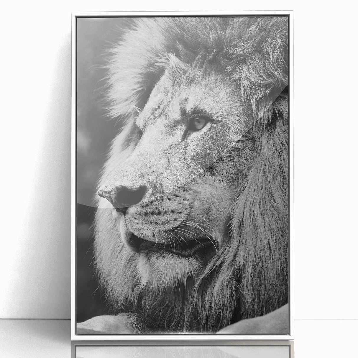Framed wall art showcasing a majestic lion design, set against a white background, perfect for animal lovers and wildlife enthusiasts. Ideal for home decor.