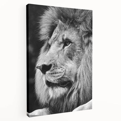 Stretched canvas wall art depicting a majestic lion in profile, showcasing vibrant colors and intricate details, perfect for wildlife enthusiasts and home decor.