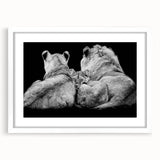 Lion wall art design in a white frame with matting, showcasing a majestic lion's face against a vibrant background, perfect for wildlife enthusiasts and home decor.