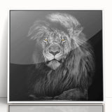 Framed acrylic wall art featuring a majestic lion design in a white frame, showcasing vibrant colors and intricate details, perfect for wildlife enthusiasts.