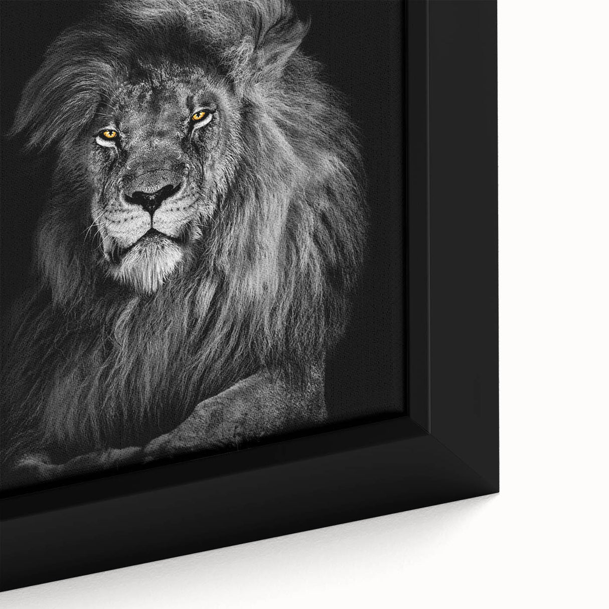 Close-up of a framed canvas featuring a majestic lion design, showcasing intricate details of its mane and expressive eyes, ideal for wildlife-themed decor.