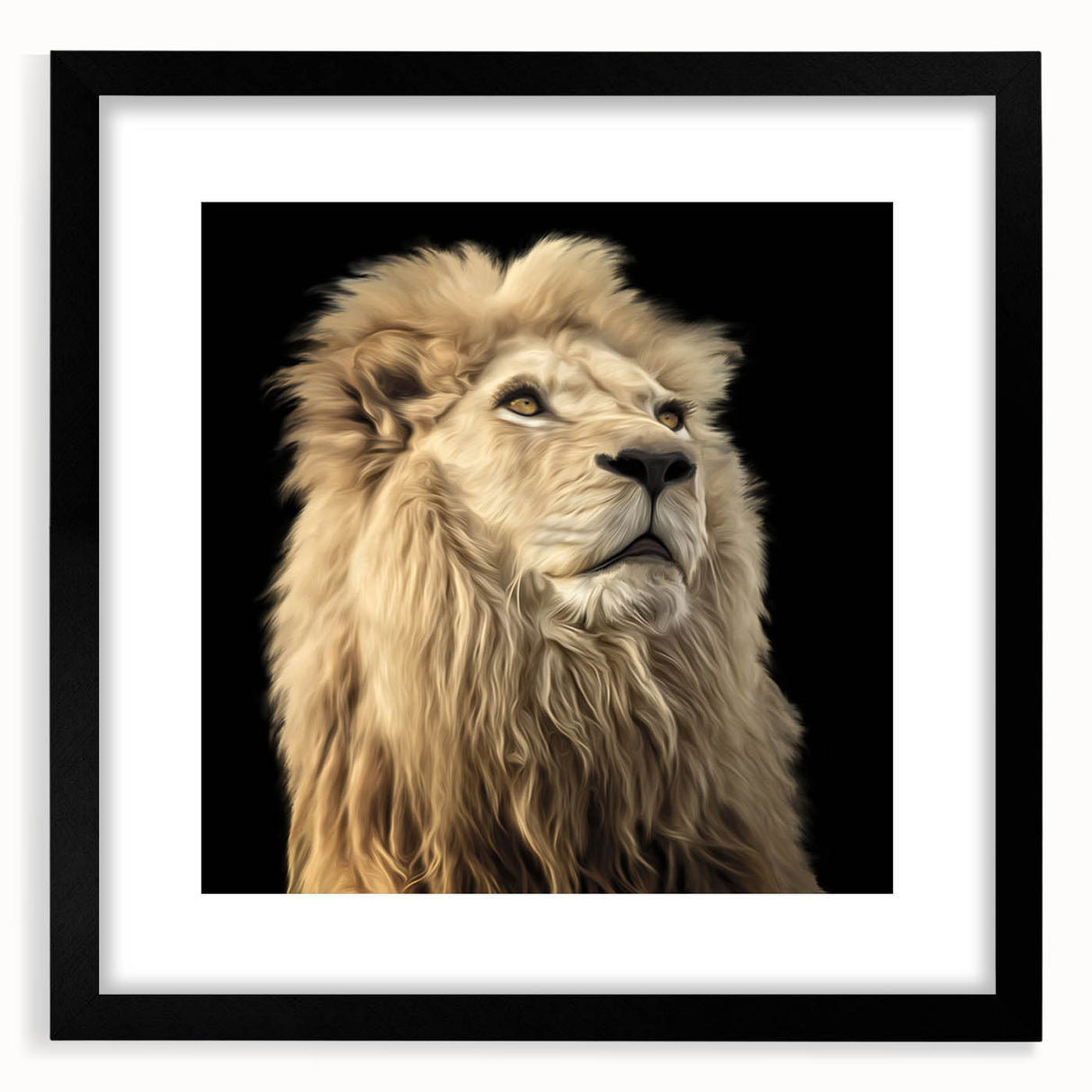 Framed wall art featuring a striking lion design in a black frame with a mat, showcasing vibrant colors and intricate details, perfect for wildlife enthusiasts.