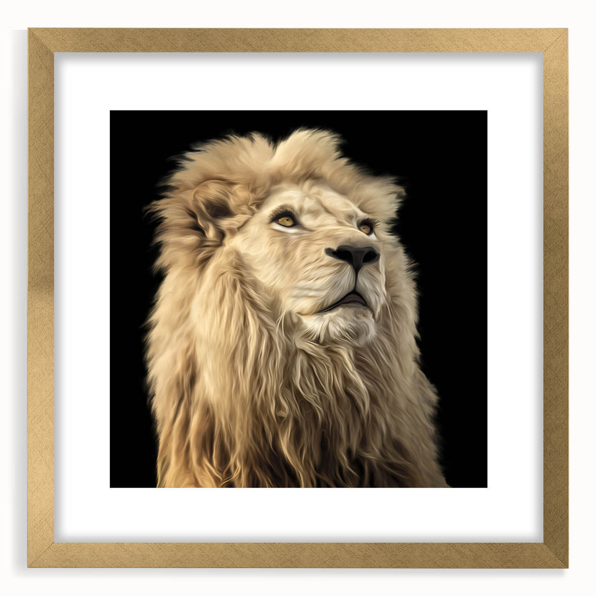 Gold-framed wall art print featuring a majestic lion design, set against a textured background, ideal for animal lovers and home decor enthusiasts.