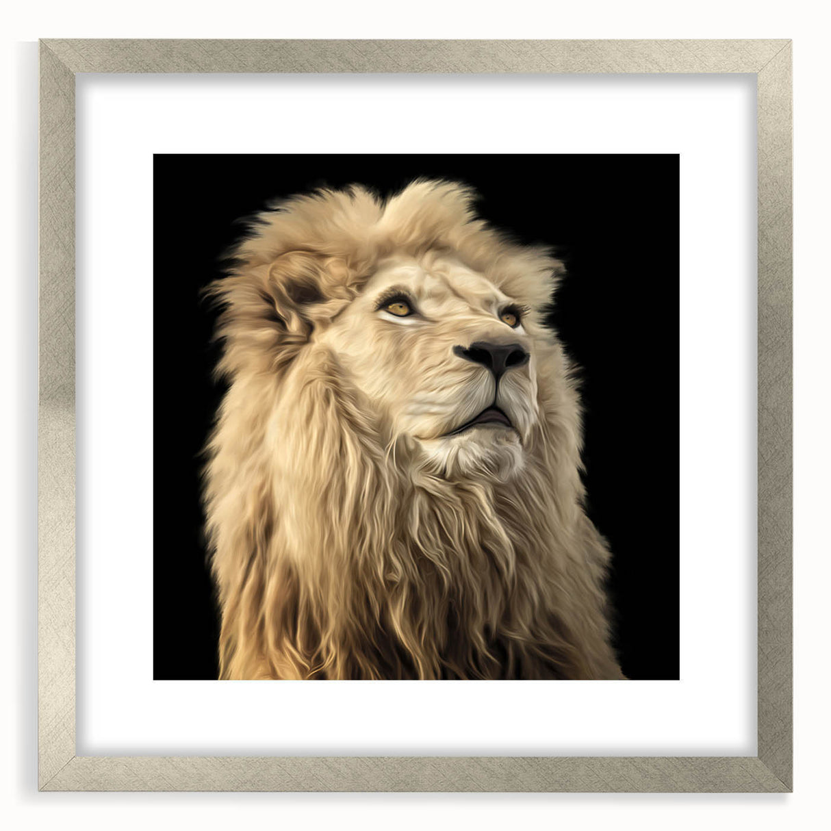 Silver-framed wall art featuring a majestic lion design, elegantly displayed with a mat, perfect for enhancing home decor and wildlife-themed spaces.