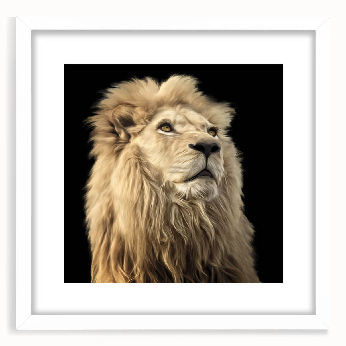 Framed wall art collection featuring a lion design, showcasing vibrant colors and intricate details. The white mat enhances the artistic presentation, perfect for wildlife enthusiasts.