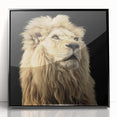 Framed wall art showcasing a striking lion design in vibrant colors, featuring a sleek black frame and acrylic glass, ideal for animal lovers and home decor enthusiasts.