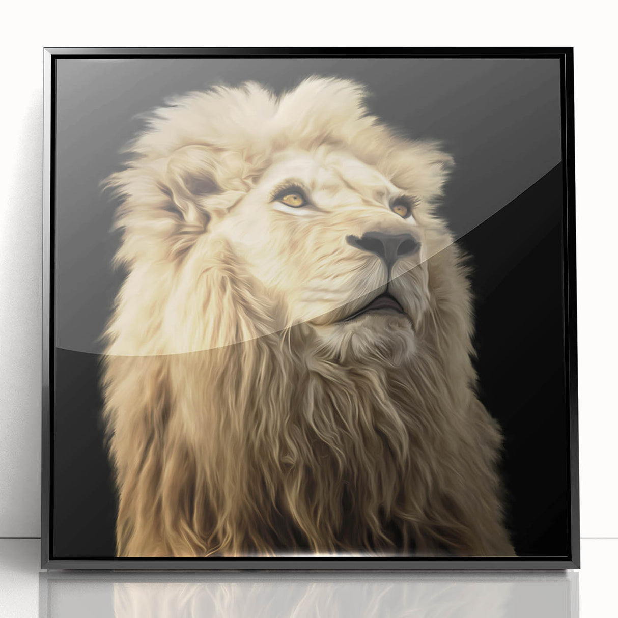 Framed wall art showcasing a striking lion design in vibrant colors, featuring a sleek black frame and acrylic glass, ideal for animal lovers and home decor enthusiasts.