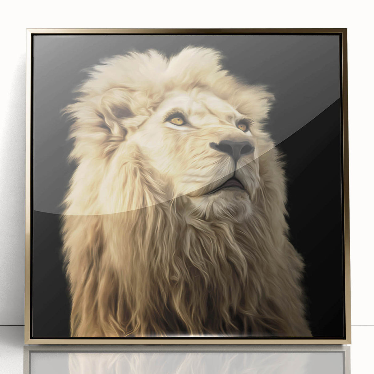Framed wall art featuring a majestic lion design with a gold-accented acrylic front, perfect for wildlife enthusiasts and modern decor. Ideal for home or office.