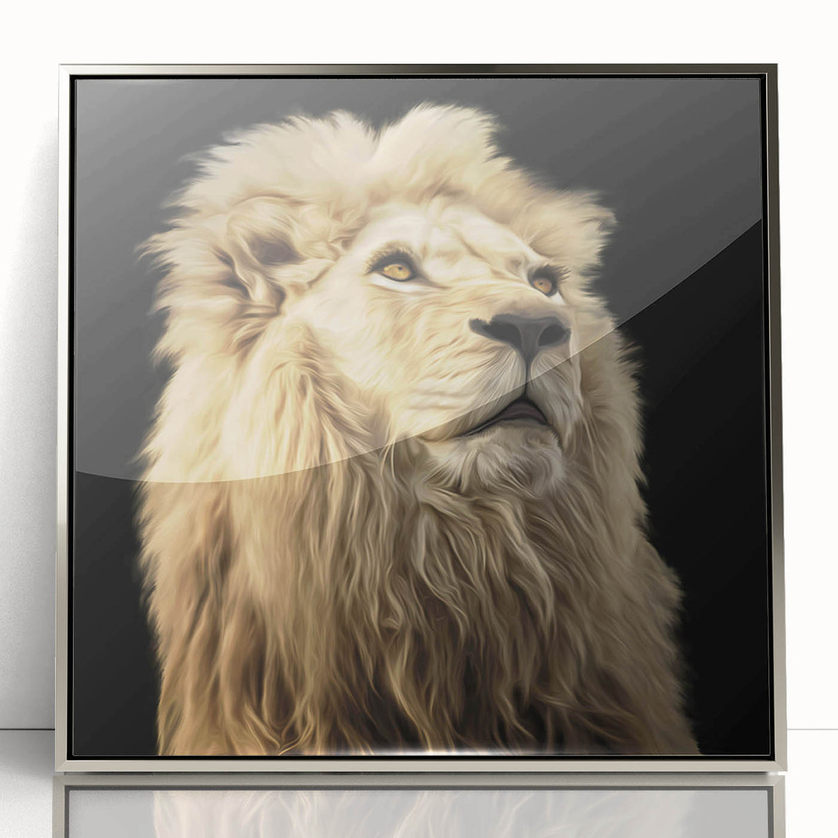 Framed acrylic wall art showcasing a majestic lion design in silver tones, ideal for wildlife enthusiasts seeking elegant home decor. Perfect for adding a touch of nature's beauty to any interior.