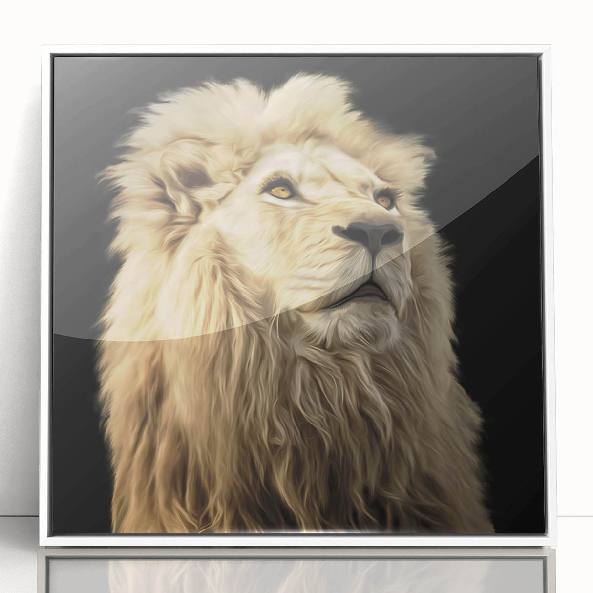 Framed acrylic wall art showcasing a majestic lion design, featuring a white frame and vibrant colors, perfect for animal lovers and home decor enthusiasts.