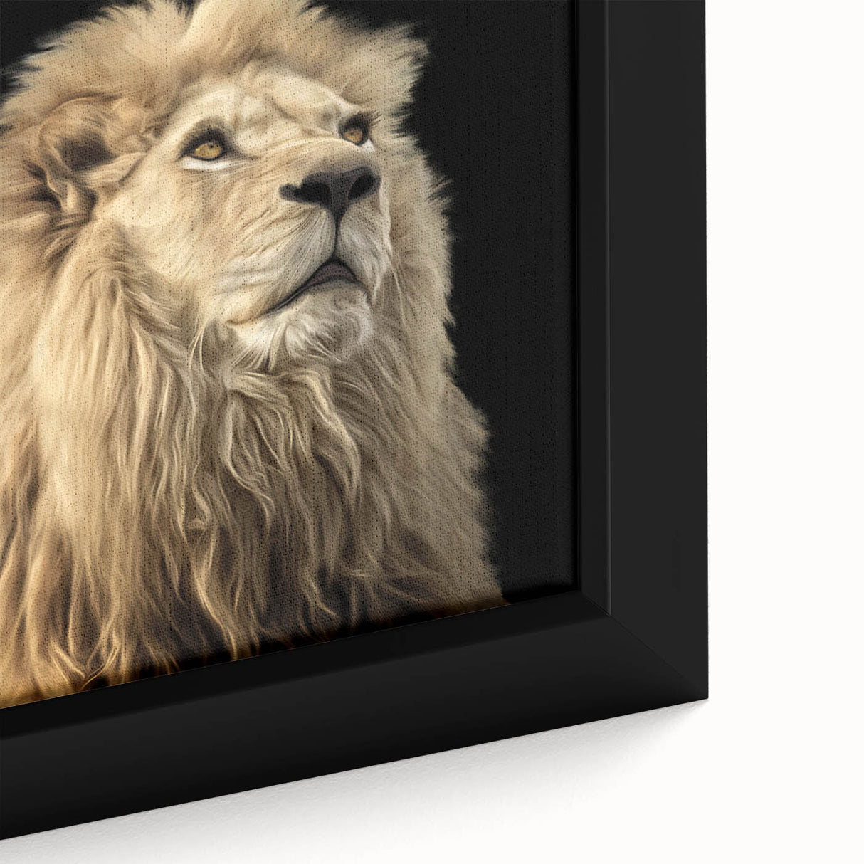 Close-up of a framed canvas wall art featuring a majestic lion, showcasing intricate details of its mane and fierce expression, perfect for wildlife enthusiasts.