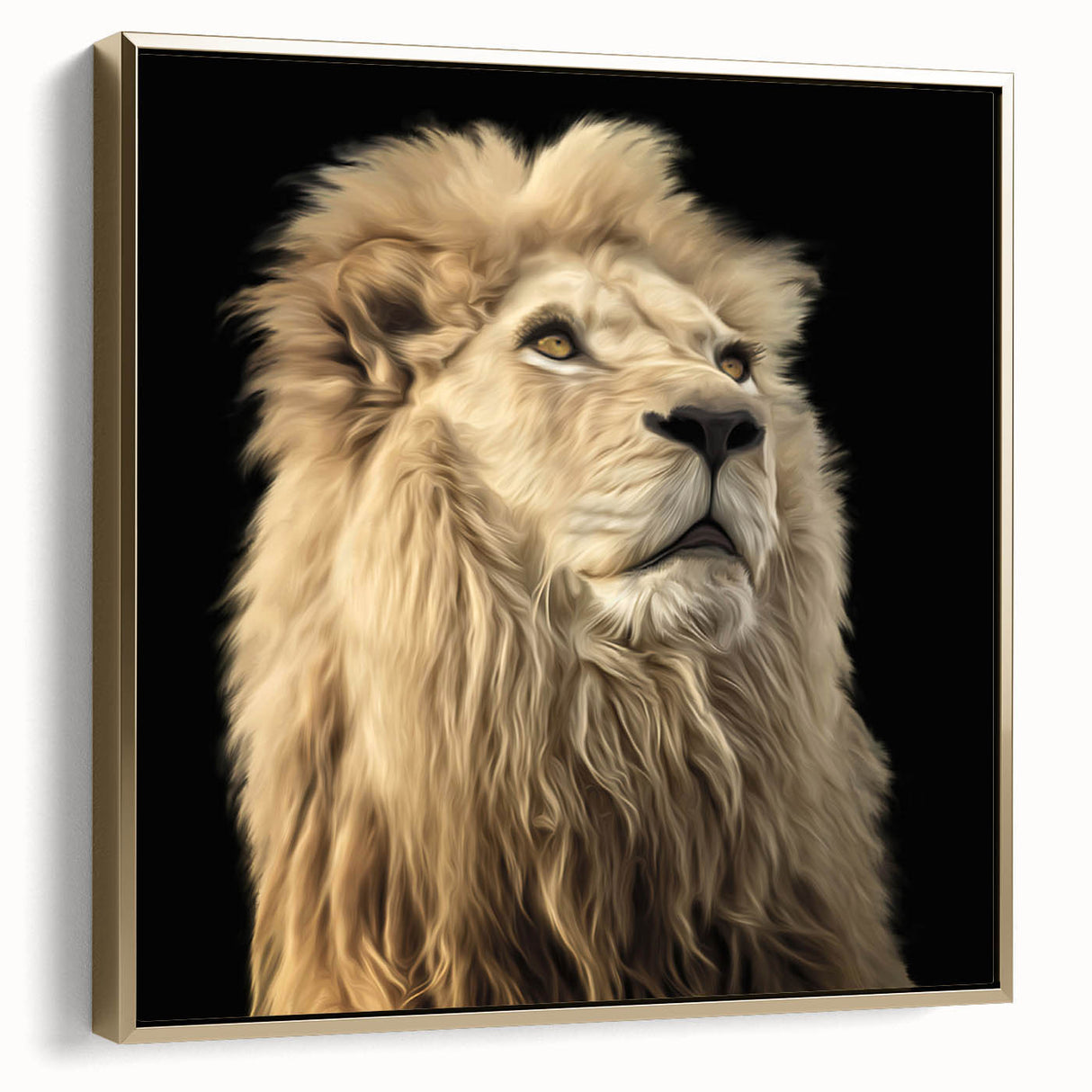 Framed wall art featuring a striking side view of a majestic lion, showcasing intricate details and a gold accent, ideal for animal lovers and home decor enthusiasts.