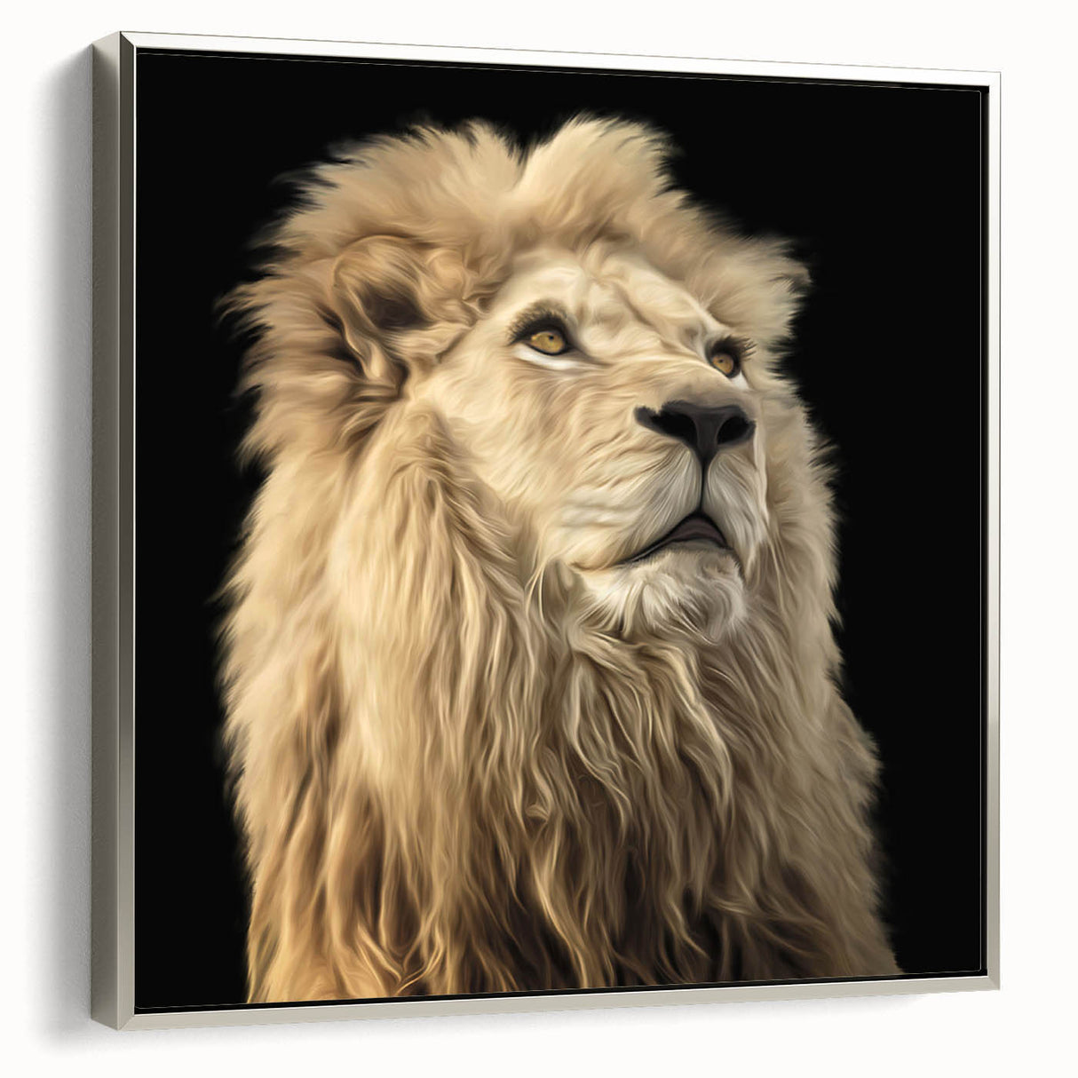 Framed canvas wall art showcasing a majestic lion design in silver tones, perfect for wildlife enthusiasts and modern décor, highlighting intricate details and textures.