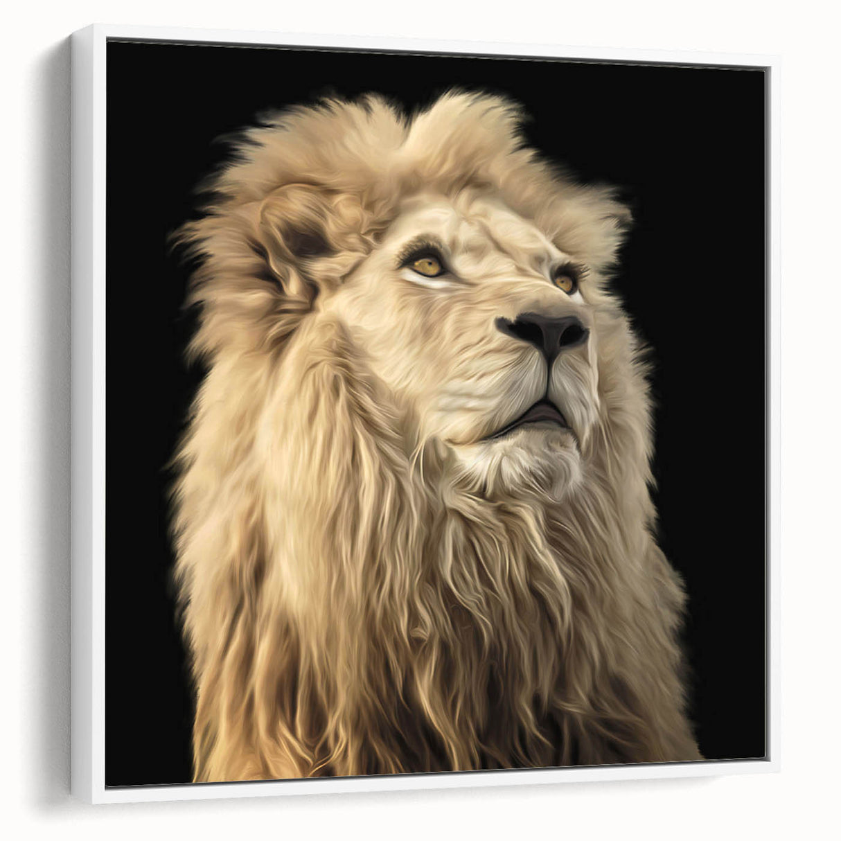 Framed canvas wall art featuring a majestic lion design in a white frame, showcasing intricate details and vibrant colors, ideal for wildlife decor enthusiasts.