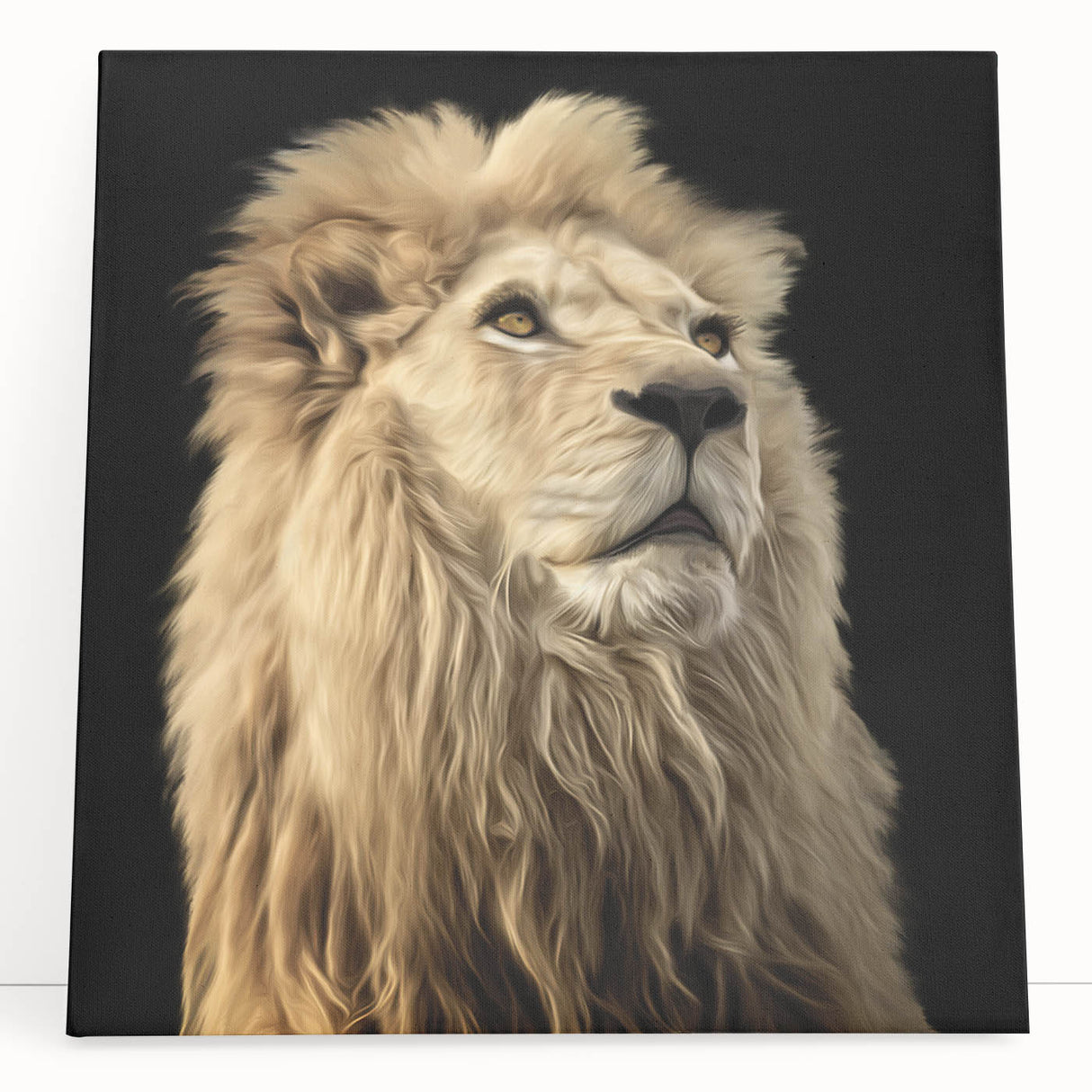 Stretched canvas wall art featuring a majestic lion design, showcasing vibrant colors and intricate details, ideal for enhancing wildlife-themed decor.