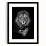 Framed wall art featuring a striking lion design, set against a black mat, showcasing vibrant colors and intricate details, perfect for wildlife enthusiasts.